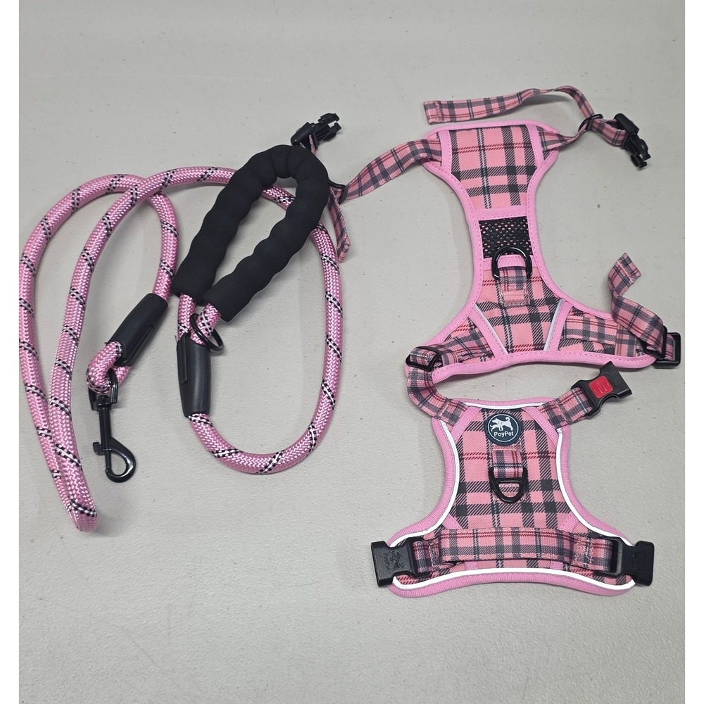 PoyPet Pink Plaid Dog Harness and Leash Set Small No Pull Reflective Mesh
